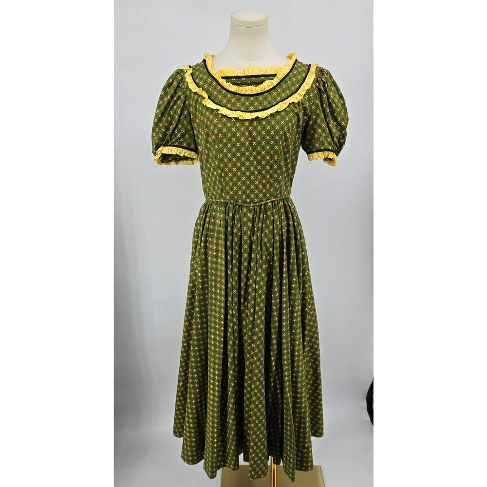 Handmade‎ Vintage Prairie Dress & Matching Bonnet Green Floral Ruffle Folk Midi